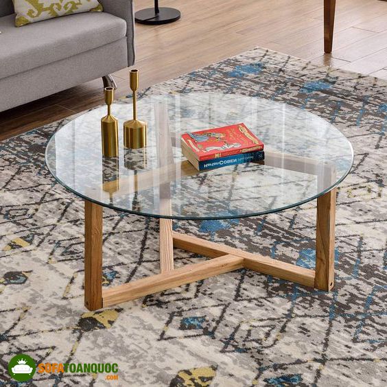 bàn trà sofa tròn mặt kính chân khung gỗ