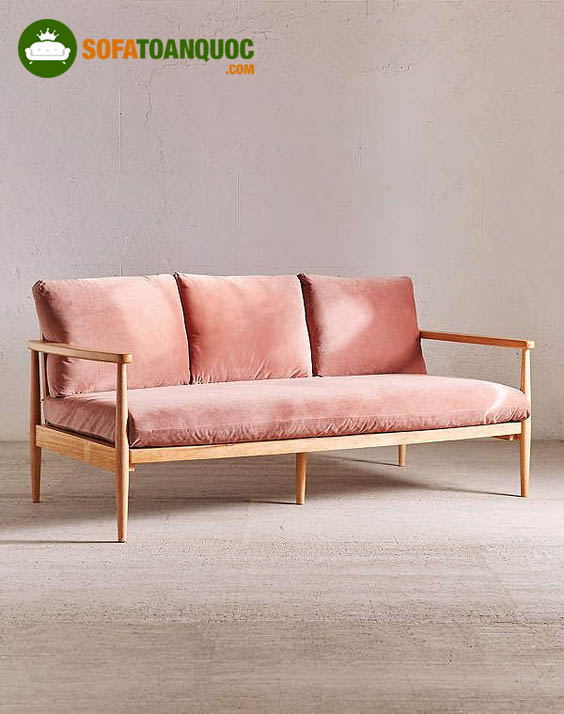 sofa đơn dài gỗ đệm màu hồng
