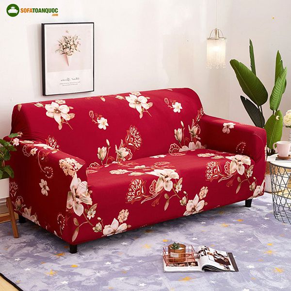 ghế sofa màu đỏ bọc vải hoa