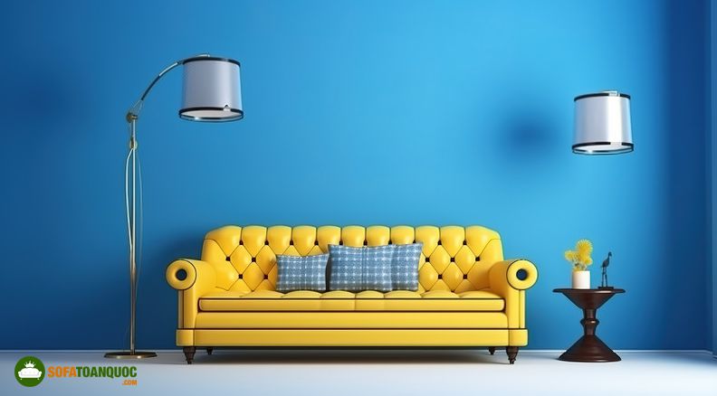 tường màu xanh chọn sofa màu vàng