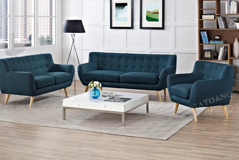 bộ sofa 3 ghế cho phòng khách nhỏ bọc vải màu xanh
